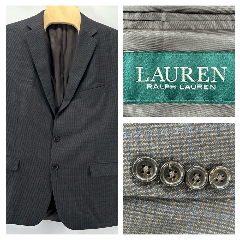 Lauren Ralph Lauren Blazer Mens 48R Grey Blue Plaid 2-Button Sport Coat Jacket